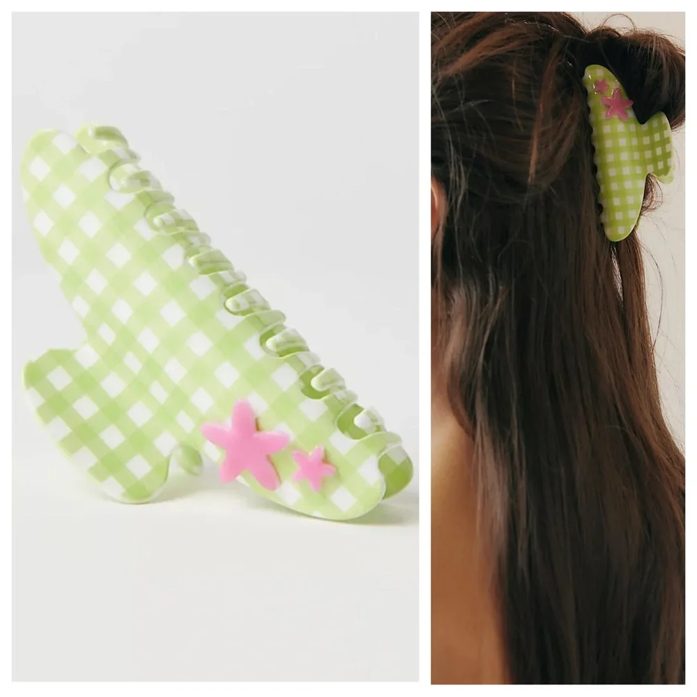 Free People Larson Jumbo Claw Clip in Green Gingham/Starfish | NWT